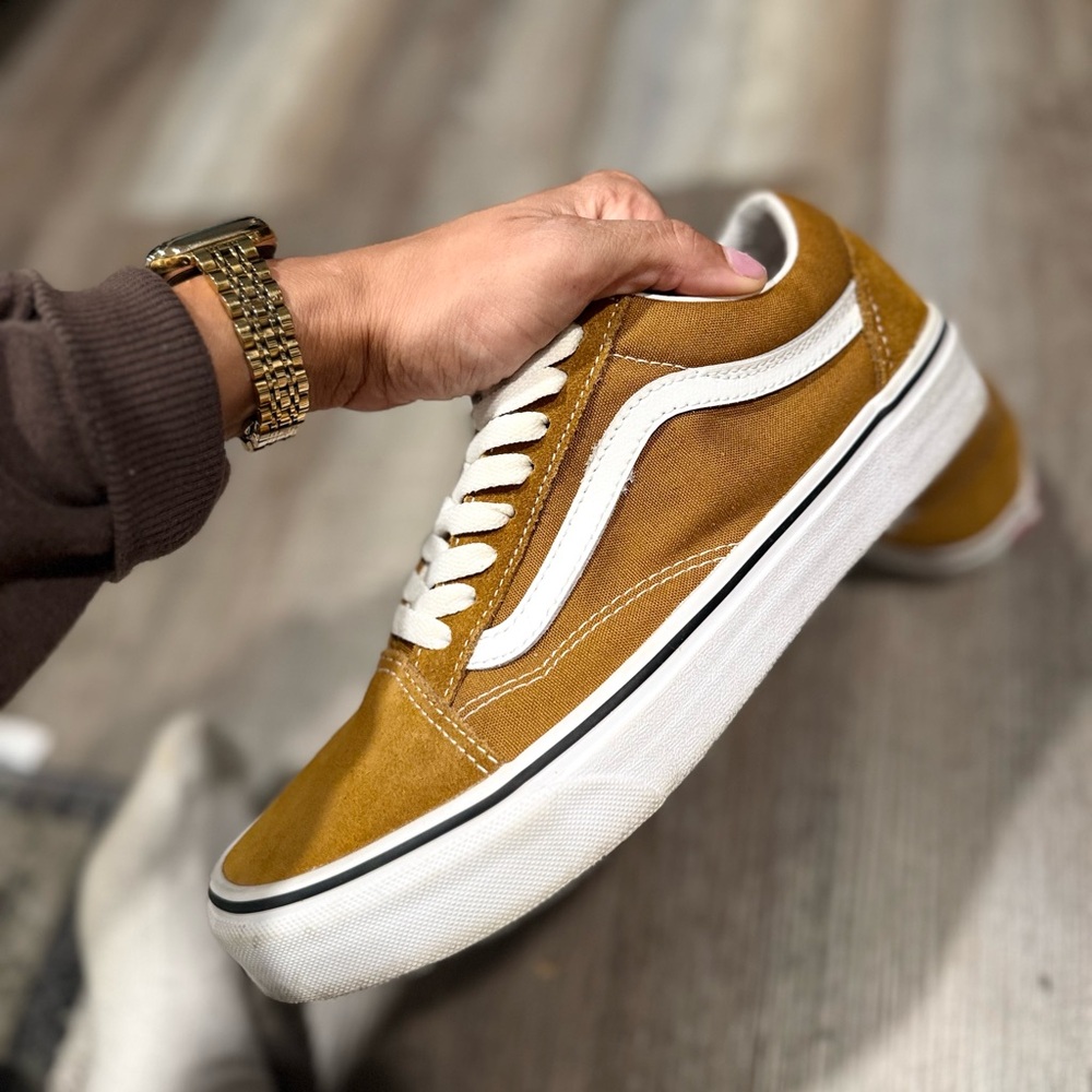Mustard Yellow/ brown Vans with White Accents